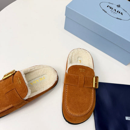 PRADA 26S SHEARLING-LINED MULES IN COGNAC BROWN SUEDE