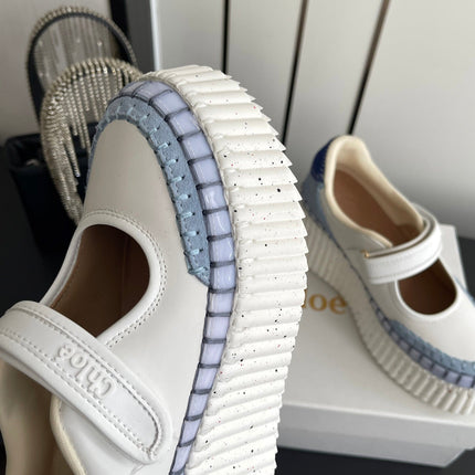 CHLOE 26S MARY JANE SNEAKERS IN WHITE CALFSKIN MIX LIGHT BLUE SUEDE