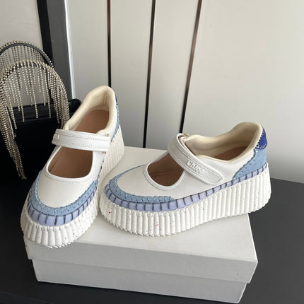 CHLOE 26S MARY JANE SNEAKERS IN WHITE CALFSKIN MIX LIGHT BLUE SUEDE