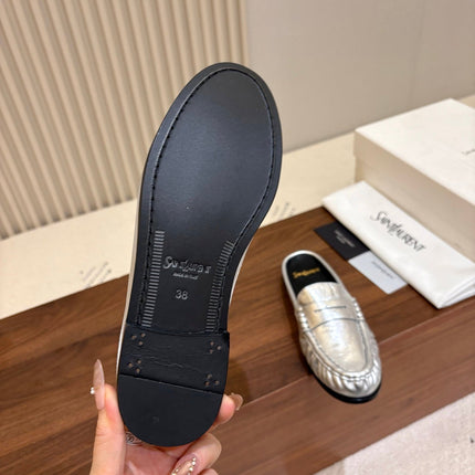 YSL 26S LOAFER MULES IN SILVER CALFSKIN