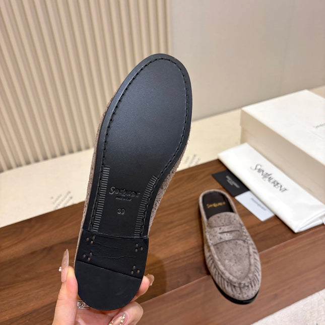 YSL 26S LOAFER MULES IN GREYISH BROWN SUEDE
