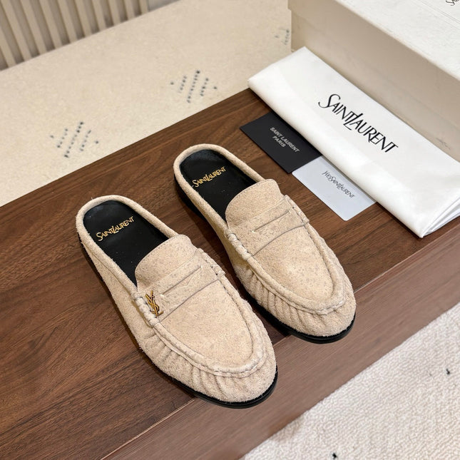 YSL 26S LOAFER MULES IN BEIGE SUEDE
