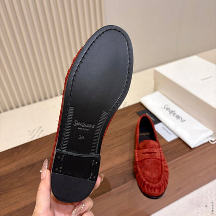YSL 26S LOAFERS IN BRICK RED SUEDE