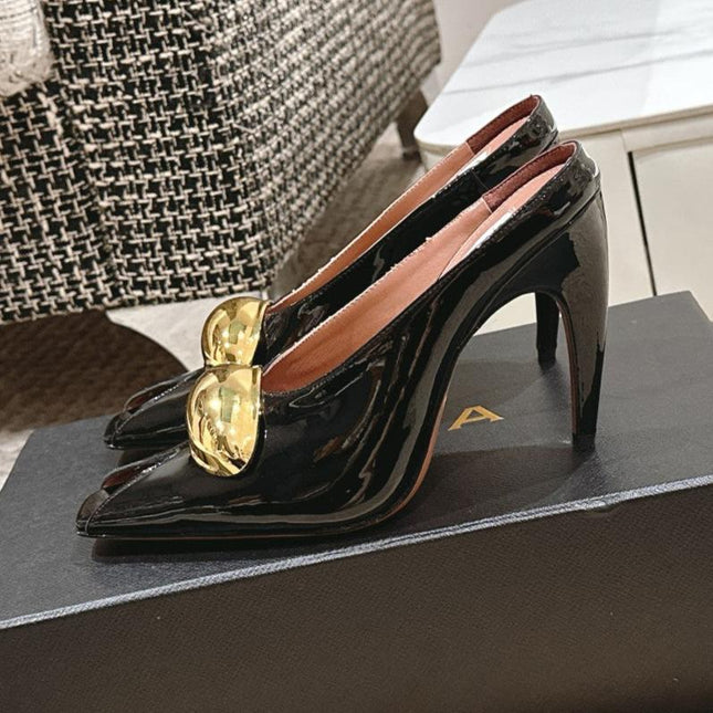 ALAIA SPIKE JEWEL MULES IN BLACK GLOSSY CALFSKIN WITH GOLD HARDWARE