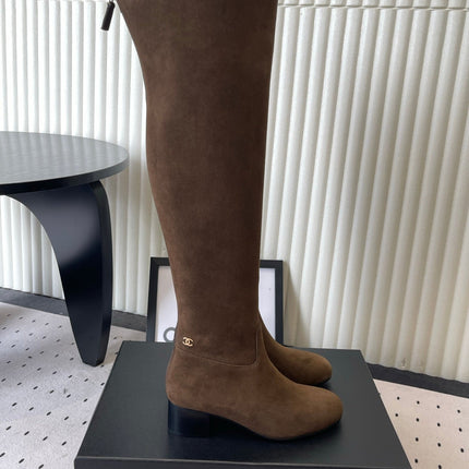 CHANEL 26S KNEE BLOCK HEEL BOOTS 50MM IN DARK BROWN SUEDE GOLD HARDWARE