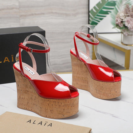 ALAIA WEDGE SANDAL IN CRIMSON RED GLOSSY CALFSKIN AND BEIGE RUBBER