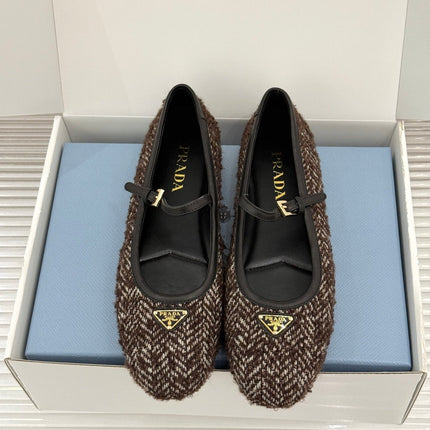 PRADA 26S MARY JANE  FLATS IN DARK BROWN TWEED
