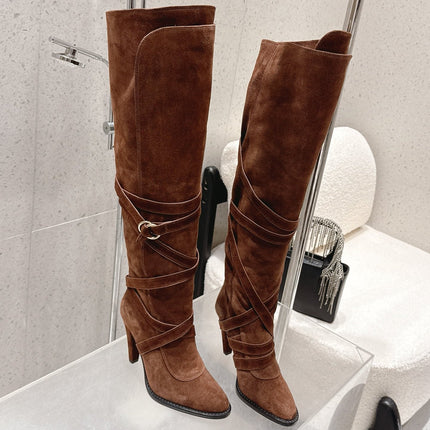 YSL 26S JANIS KNEE-HIGH BOOTS 90 MM IN BROWN SUEDE