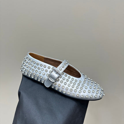 ALAIA CRYSTAL EMBELLISHED BALLET FLATS IN SILVER CALFSKIN