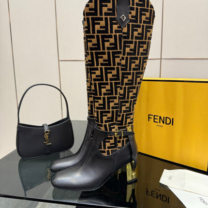 FENDI 25S KNEE-HIGH BOOTS 50 MM IN BLACK CALFSKIN AND BROWN FABRIC PRINT LOGO