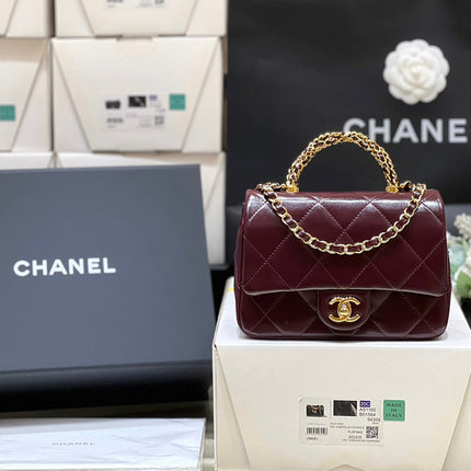 CHANEL TOP HANDLE 19 IN WINE RED LAMBSKIN GOLD HARDWARE