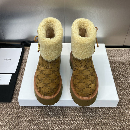 CELINE 26S ANKLE BOOTS 45 MM IN BROWN SUEDE AND BEIGE WOOL