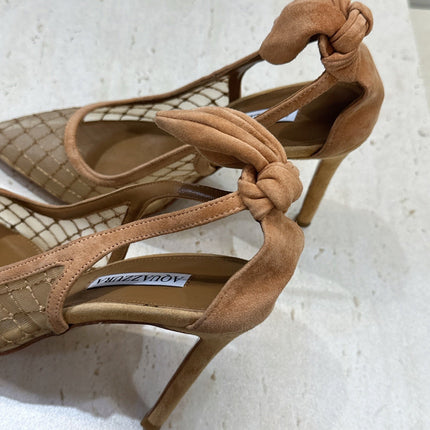 AQUAZZURA 26S SLINGBACK HEELS 105 MM IN DARK BEIGE MESH AND SUEDE
