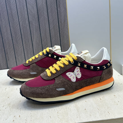 VALENTINO 26S BUTTERFLY EMBROIDERED SNEAKERS IN BROWN SUEDE & RED FABRIC