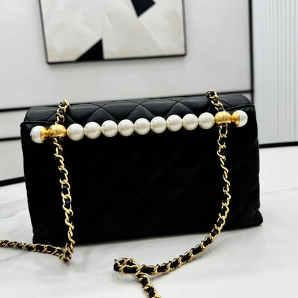CHANEL 25S FLAP BAG 23 CM IN BLACK LAMBSKIN WITH PEARL TOP HANDLE