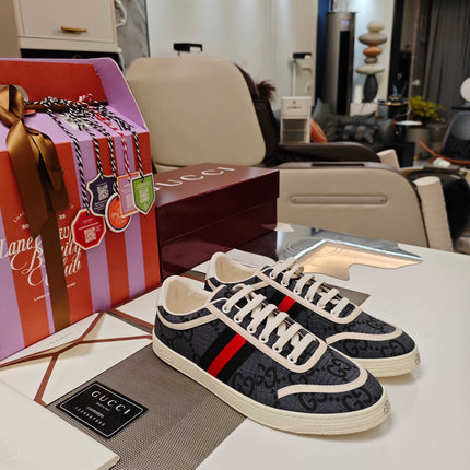 GUCCI 26S GG WEB SNEAKERS IN DARK GREY AND WHITE GG CANVAS