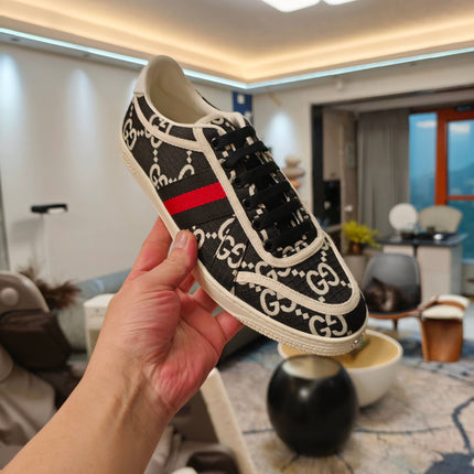 GUCCI 26S GG WEB SNEAKERS IN BLACK AND WHITE GG CANVAS