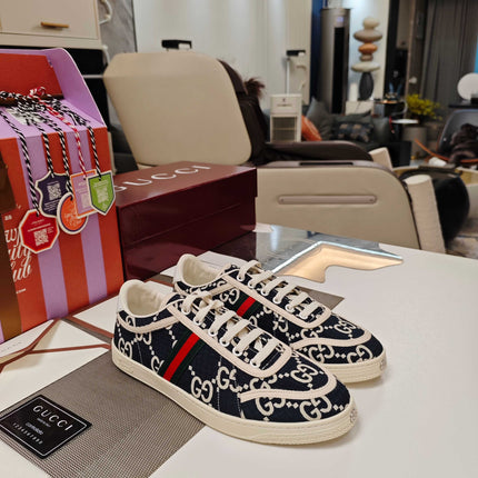 GUCCI 26S GG WEB SNEAKERS IN NAVY BLUE AND WHITE GG CANVAS