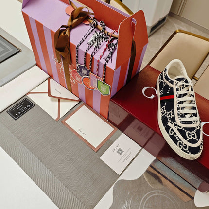 GUCCI 26S GG WEB SNEAKERS IN NAVY BLUE AND WHITE GG CANVAS
