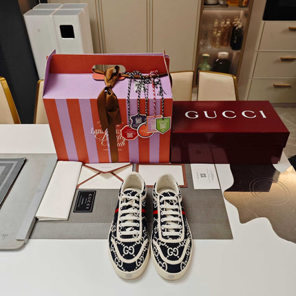 GUCCI 26S GG WEB SNEAKERS IN NAVY BLUE AND WHITE GG CANVAS