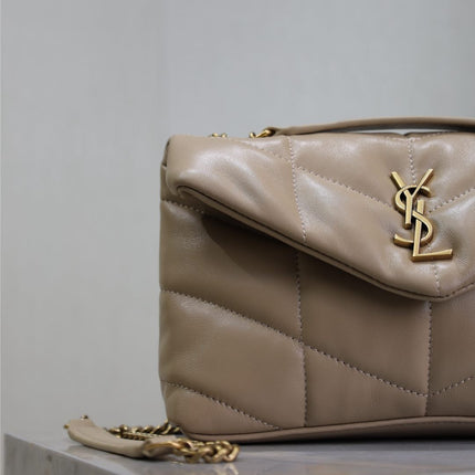 YSL 25S LOULOU PUFFER MINI 23 IN BROWN CALFSKIN GOLD HARDWARE