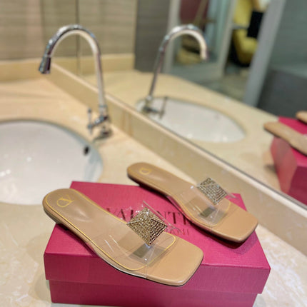 VALENTINO 26S FLAT SLIDES IN BEIGE LAMBSKIN WITH CRYSTAL