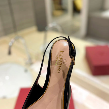 VALENTINO 26S POINTED TOE FLAT SLINGBACKS IN BLACK CALFSKIN