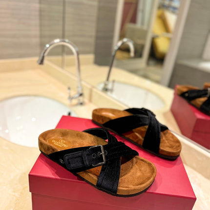 VALENTINO 26S CROSS STRAP SANDALS IN BLACK VELVET MIX BROWN SUEDE