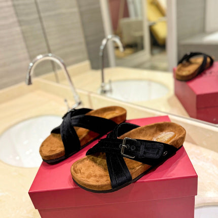 VALENTINO 26S CROSS STRAP SANDALS IN BLACK VELVET MIX BROWN SUEDE