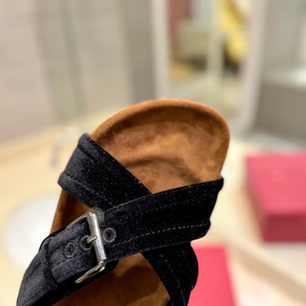 VALENTINO 26S CROSS STRAP SANDALS IN BLACK VELVET MIX BROWN SUEDE