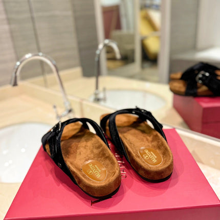 VALENTINO 26S CROSS STRAP SANDALS IN BLACK VELVET MIX BROWN SUEDE