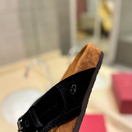 VALENTINO 26S CROSS STRAP SANDALS IN BLACK VELVET MIX BROWN SUEDE
