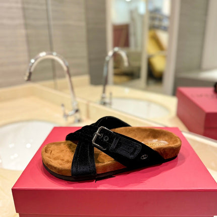VALENTINO 26S CROSS STRAP SANDALS IN BLACK VELVET MIX BROWN SUEDE