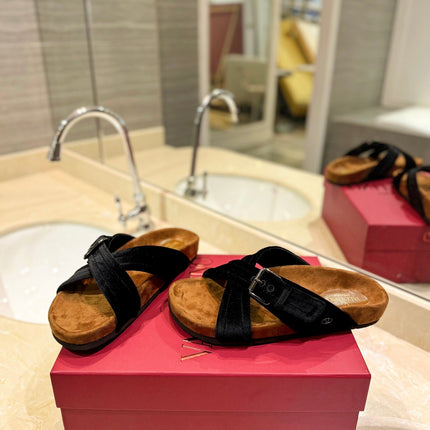 VALENTINO 26S CROSS STRAP SANDALS IN BLACK VELVET MIX BROWN SUEDE