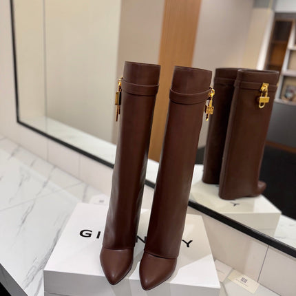 SHARK LOCK HIGH BOOTS IN BROWN CALFSKIN