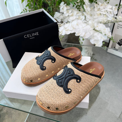 CELINE 26S TRIOMPHE MULES IN BEIGE RAFFIA AND BLACK CALFSKIN