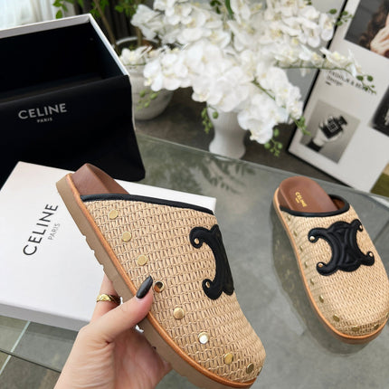 CELINE 26S TRIOMPHE MULES IN BEIGE RAFFIA AND BLACK CALFSKIN