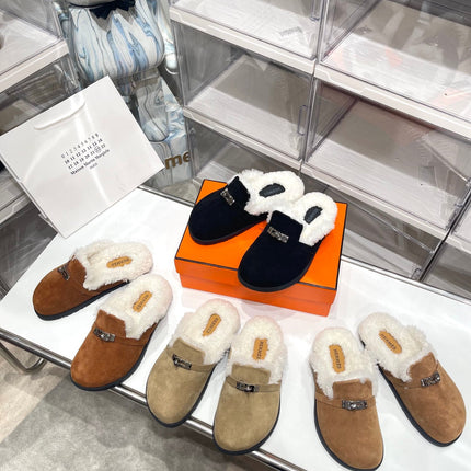 SLIP-ON MULE IN BLACK SUEDE AND SHEARLING LINING