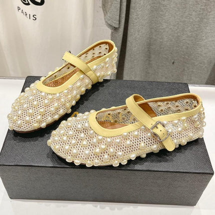 ALAIA PEARL MARY JANE SHOES IN LIGHT YELLOW MESH AND CALFSKIN