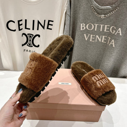 MIUMIU 26S FLAT SLIDES IN BROWN SHEARLING