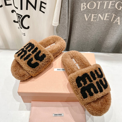 MIUMIU 26S SANDALS IN LIGHT BROWN SHEARLING WITH LOGO LETTERING