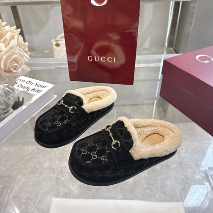 GUCCI 26S MULES IN BLACK SUEDE GG LOGO PATTERN
