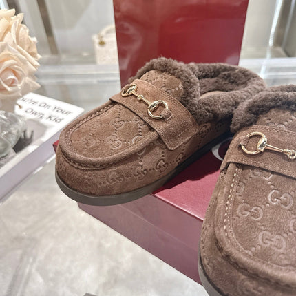 GUCCI 26S MULES IN DARK BROWN SUEDE GG LOGO PATTERN