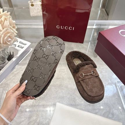 GUCCI 26S MULES IN DARK BROWN SUEDE GG LOGO PATTERN
