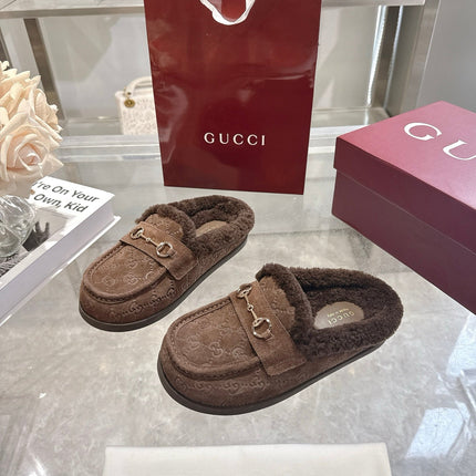 GUCCI 26S MULES IN DARK BROWN SUEDE GG LOGO PATTERN