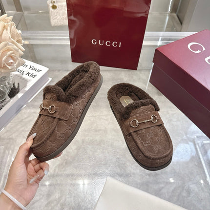 GUCCI 26S MULES IN DARK BROWN SUEDE GG LOGO PATTERN
