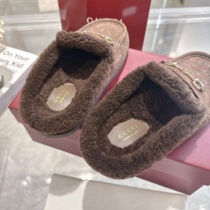 GUCCI 26S MULES IN DARK BROWN SUEDE GG LOGO PATTERN