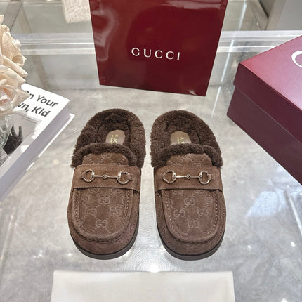 GUCCI 26S MULES IN DARK BROWN SUEDE GG LOGO PATTERN