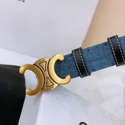 CELINE 25S BELT TRIOMPHE TAURILLON 25MM IN BLACK CALFSKIN AND DENIM 558345