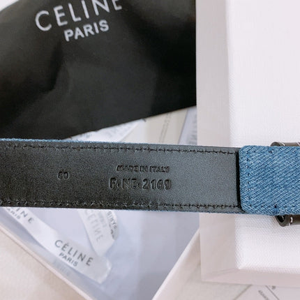 CELINE 25S BELT TRIOMPHE TAURILLON 25MM IN BLACK CALFSKIN AND DENIM 558347
